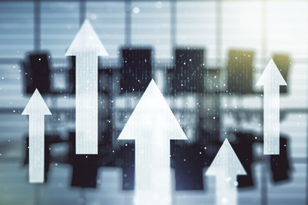 Virtual upward arrows illustration on a modern conference room background. Breakthrough and progress...