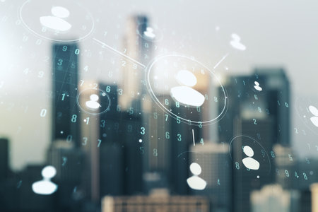 Double exposure of abstract virtual social network icons on blurry cityscape background. Marketing and promotion conceptの写真素材