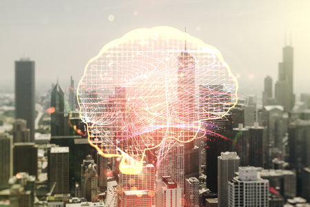 Virtual creative artificial Intelligence hologram with human brain sketch on Chicago skyline background. Multiexposureの写真素材