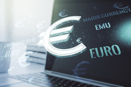 Creative EURO USD symbols sketch on modern laptop background, strategy and forecast concept. Multiexposureの写真素材