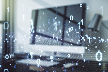 Creative concept of binary code illustration on modern laptop background. Big data and coding concept. Multiexposureの写真素材
