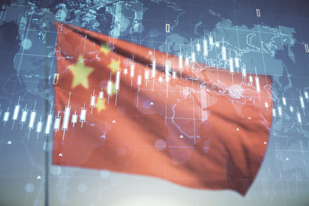 Multi exposure of virtual abstract financial chart hologram and world map on Chinese flag and blue...