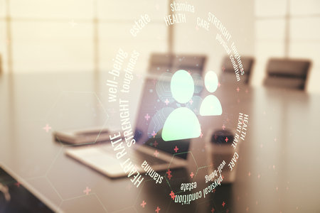 Creative abstract people icons sketch on modern laptop background, life and real estate insurance online concept. Double exposureの写真素材