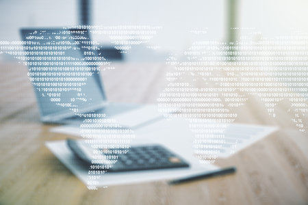 Abstract creative world map interface on calculator and laptop background, international trading concept. Multiexposureの写真素材