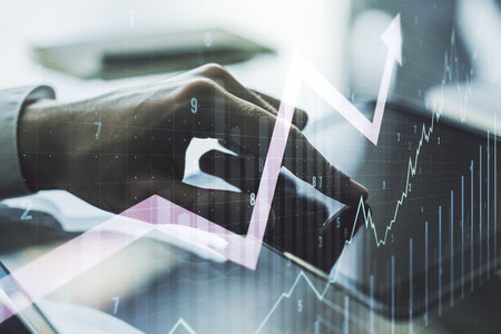 Double exposure of abstract creative financial chart with upward arrow and finger clicks on a digital tablet on background, research and strategy conceptの写真素材
