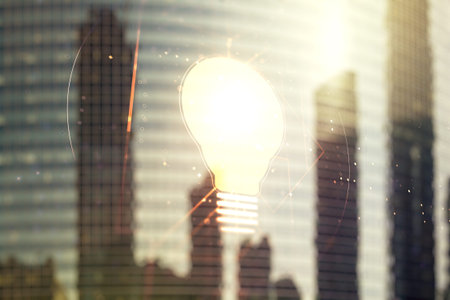 Virtual Idea concept with light bulb illustration on office buildings background. Multiexposureの写真素材
