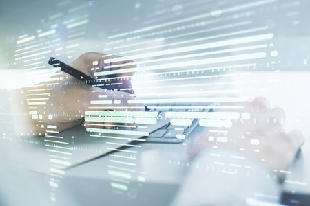 Double exposure of abstract digital world map and hand writing in notepad on background with laptop, big data and blockchain conceptの写真素材