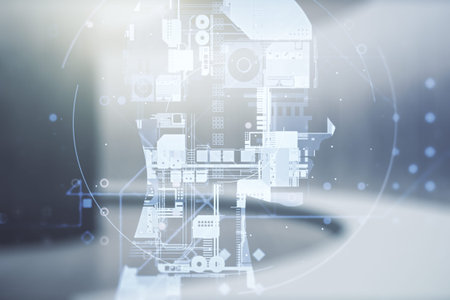 Double exposure of creative artificial Intelligence hologram on empty modern office background....