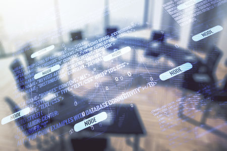Abstract virtual coding concept and world map hologram on a modern conference room background. Multiexposureの写真素材