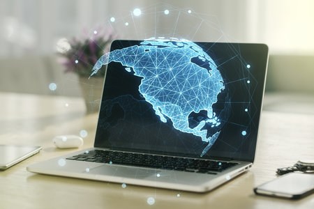 Double exposure of graphic America map on computer background, big data and digital technology conceptの写真素材