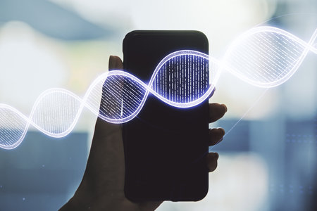 Creative concept with DNA symbol illustration and hand with phone on background. Genome research concept. Multiexposureの写真素材