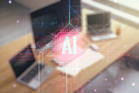 Creative artificial Intelligence symbol concept and modern desktop with pc on background. Double exposureの写真素材