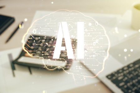 Double exposure of creative artificial Intelligence interface on blurry calculator with laptop...
