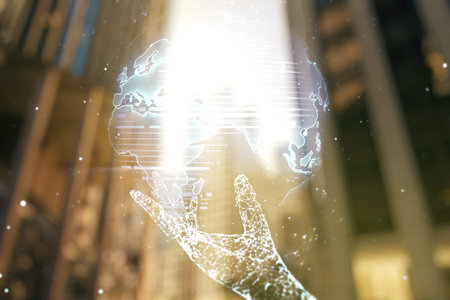 Multi exposure of abstract creative digital world map hologram on office buildings background,...