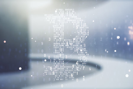 Double exposure of creative Bitcoin symbol hologram on empty modern office background. Cryptocurrency conceptの写真素材