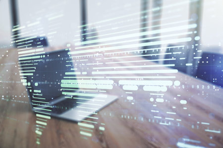 Double exposure of abstract digital world map on laptop background, research and strategy concept
