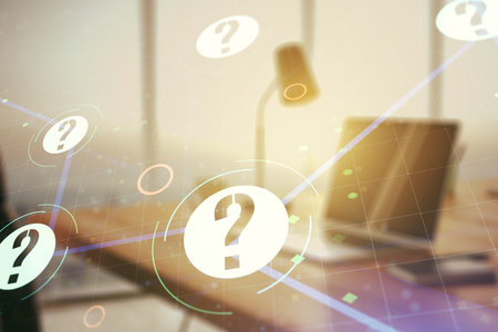 Creative abstract question mark hologram on modern computer background, future technology concept. Multi exposureの写真素材