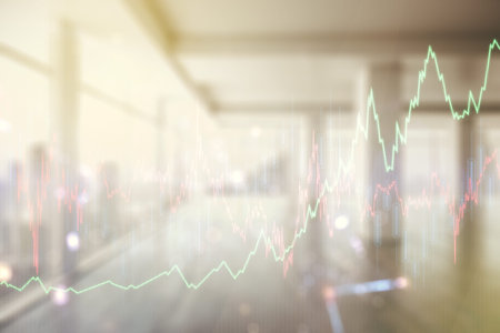 Abstract virtual financial graph hologram on modern interior background, financial and trading...