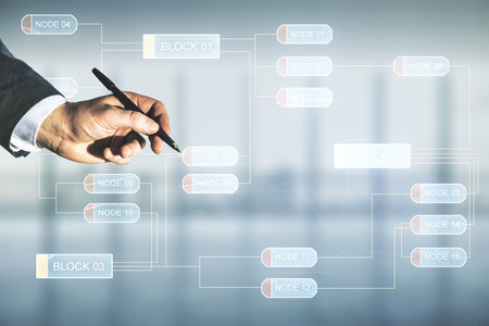 Multi exposure of developer hand with pen working with abstract programming language hologram on blurred office background, artificial intelligence and machine learning conceptの写真素材