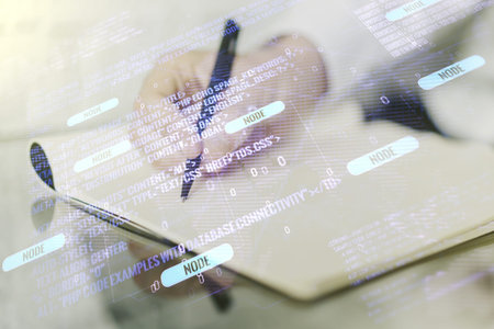 Multi exposure of abstract software development hologram with world map and man hand writing in...