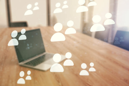 Social network media concept with modern computer on background. Double exposureの写真素材
