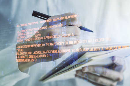 Multi exposure of abstract programming language hologram with man hand writing in notepad on background, artificial intelligence and machine learning conceptの写真素材