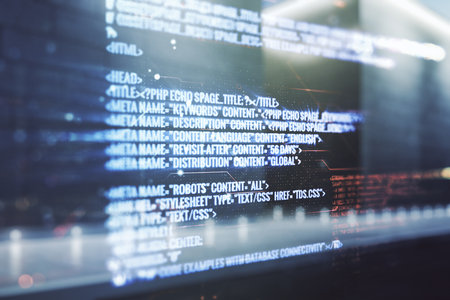 Abstract virtual coding concept on blurry modern office building background. Multiexposureの写真素材
