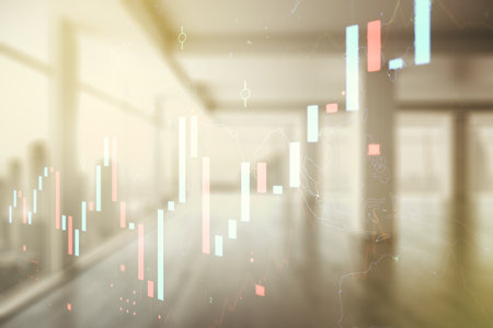 Abstract virtual financial graph hologram on empty corporate office background, forex and investment concept. Multiexposureの写真素材