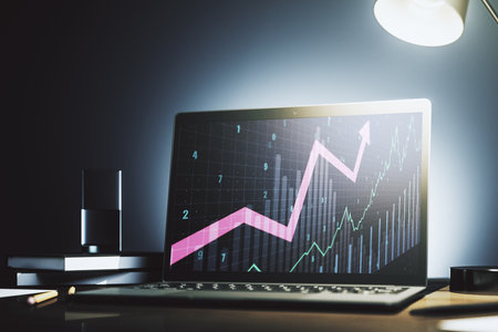 Modern computer monitor with abstract creative financial chart and upward, research and strategy concept. 3D Renderingの写真素材