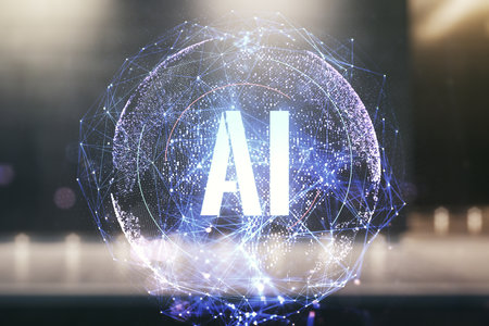 Creative artificial Intelligence symbol hologram on blurry contemporary office building background. Double exposureの写真素材