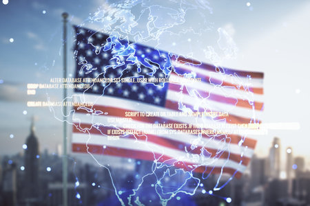 Multi exposure of abstract software development hologram and world map on USA flag and blurry...