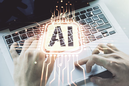 Creative artificial Intelligence symbol concept with hands typing on laptop on background....