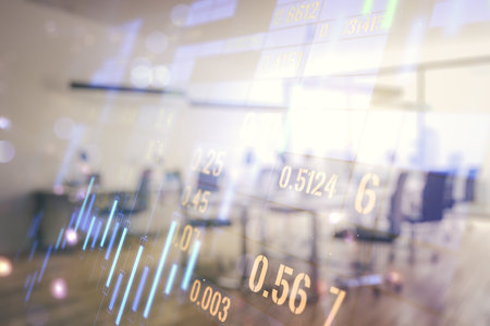 Double exposure of virtual creative financial diagram on a modern furnished office interior background, banking and accounting conceptの写真素材