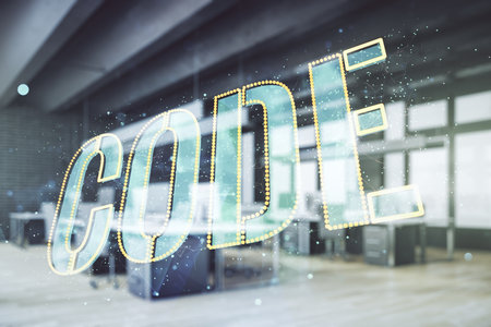Code word hologram on modern corporate office background, artificial intelligence and neural networks concept. Multiexposureの写真素材