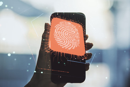 Multi exposure of abstract fingerprint scan interface and hand with cellphone on background, digital...