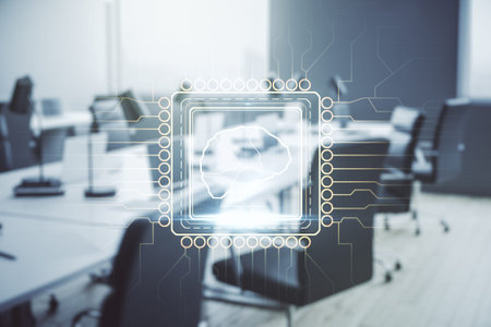 Double exposure of creative artificial Intelligence interface on modern corporate office background....