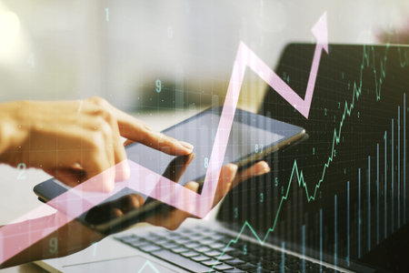 Double exposure of abstract creative financial chart with upward arrow and finger clicks on a...