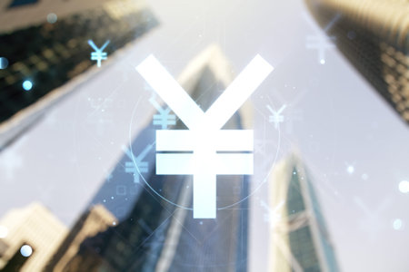 Double exposure of abstract virtual Japanese Yen symbol hologram on modern skyscrapers background....