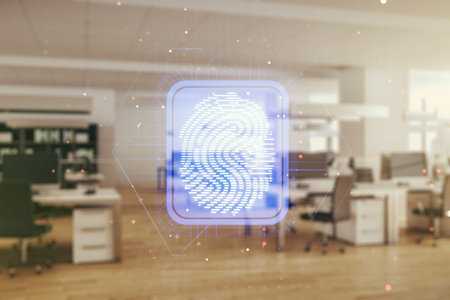 Multi exposure of virtual creative fingerprint hologram on modern corporate office background,...
