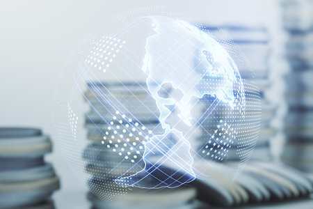 Digital map of North America hologram on coins background, global technology concept. Multiexposureの写真素材