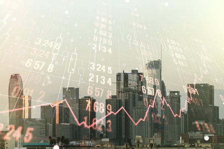 Double exposure of abstract creative statistics data hologram on Los Angeles office buildings background, analytics and forecasting conceptの写真素材
