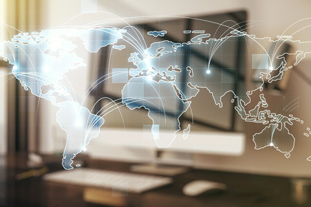 Abstract graphic digital world map with connections on modern computer background, globalization concept. Multiexposureの写真素材