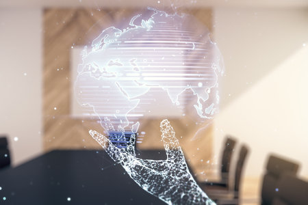Abstract creative world map interface on a modern conference room background, international trading concept. Multiexposureの写真素材