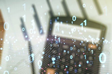 Abstract virtual binary code hologram on calculator background, AI and machine learning concept....