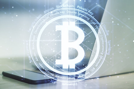 Creative Bitcoin concept with modern laptop background. Multiexposureの写真素材