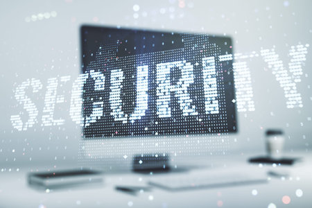 Cyber security creative concept on modern laptop background. Double exposure