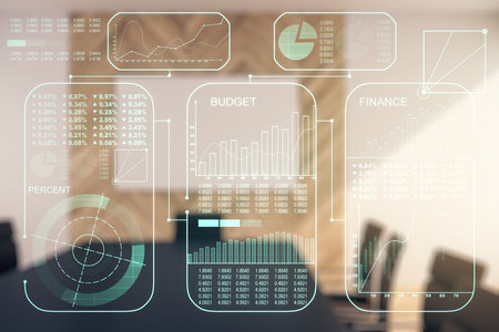 Double exposure of abstract virtual statistics data hologram on a modern meeting room background, statistics and analytics conceptの写真素材