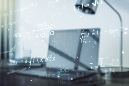 Creative scientific formula concept on modern laptop background. Multiexposureの写真素材