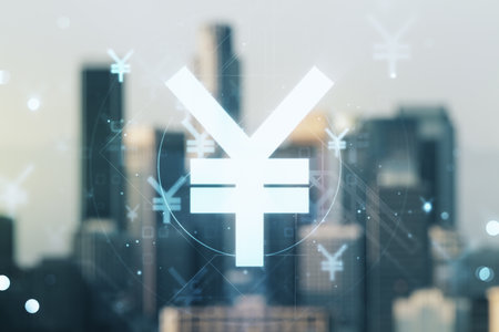 Double exposure of abstract virtual Japanese Yen symbol hologram on blurry cityscape background. Banking and investing conceptの写真素材