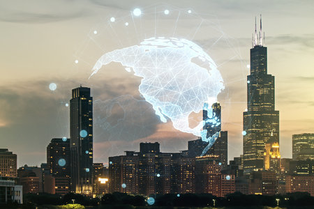 Virtual digital map of North America on Chicago skyline background, international trading concept. Multiexposureの写真素材